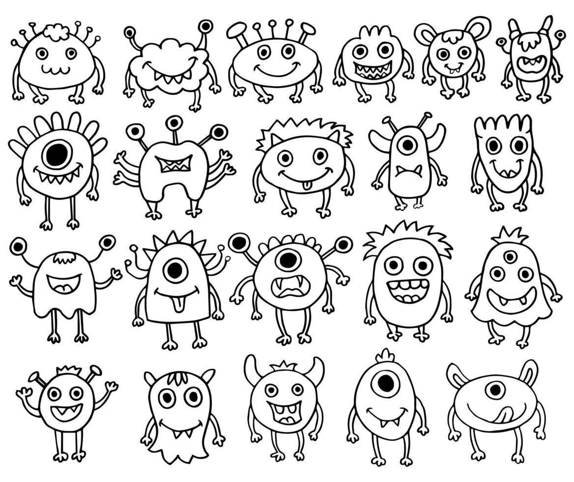 Vector set of eight cute monsters. Funny line hand-drawn aliens for coloring pages. Bundle of decorative design elements. Flat vector illustration.