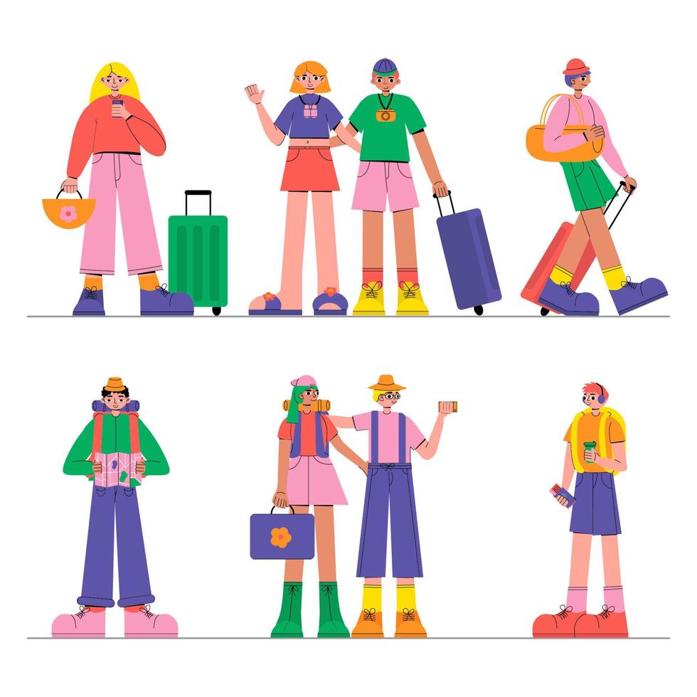 Tourists go sightseeing and take photos in travel set. People walk with phones and maps in vacation trip. Friends, couples in journeys, tours. Flat vector illustration isolated on white background