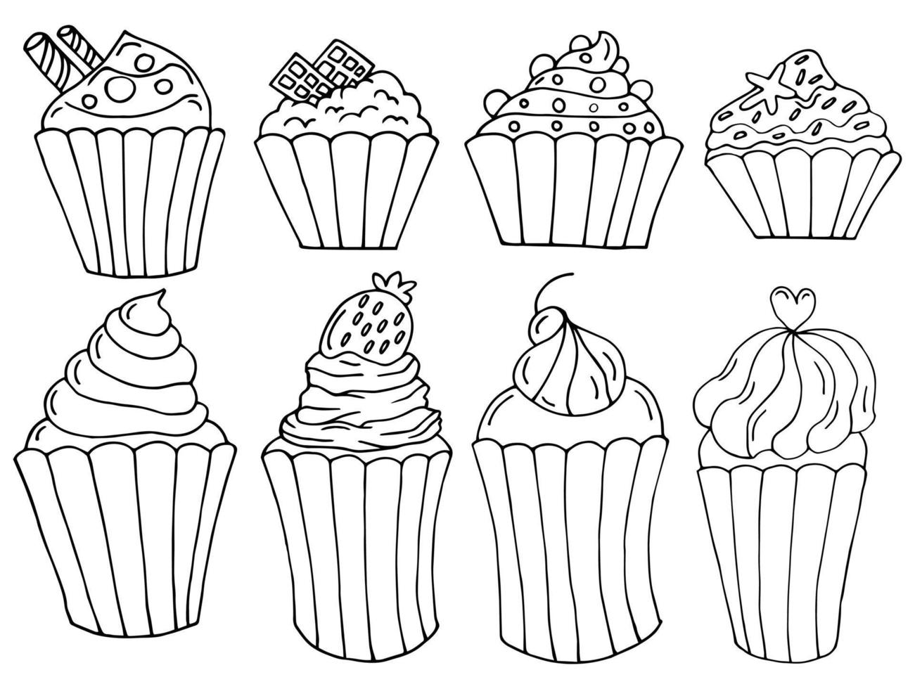 Large set of hand-drawn assorted cupcakes, illustration. Black outline. Doodles, icons for cafes, food industry vector