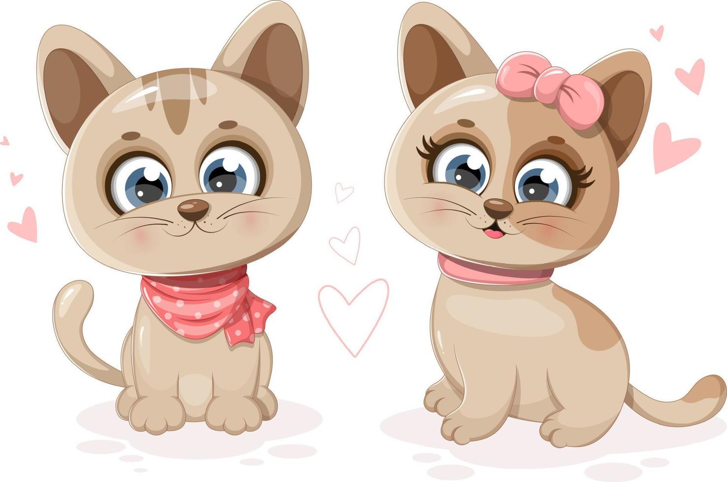 Two cartoon and cute kittens with hearts vector