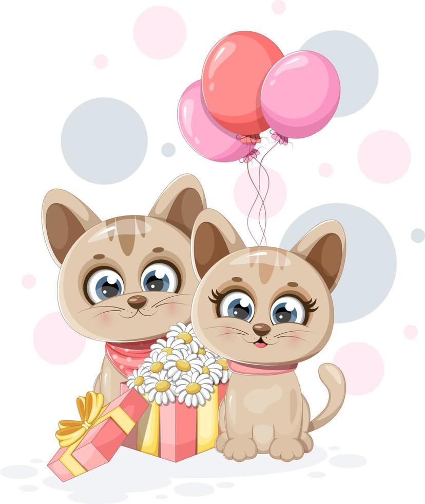 unos lindos gatitos con un regalo y globos vector