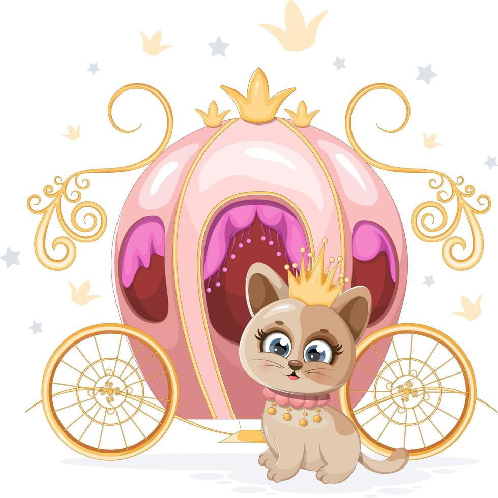 Cute cartoon kitten princess with crown near carriage vector