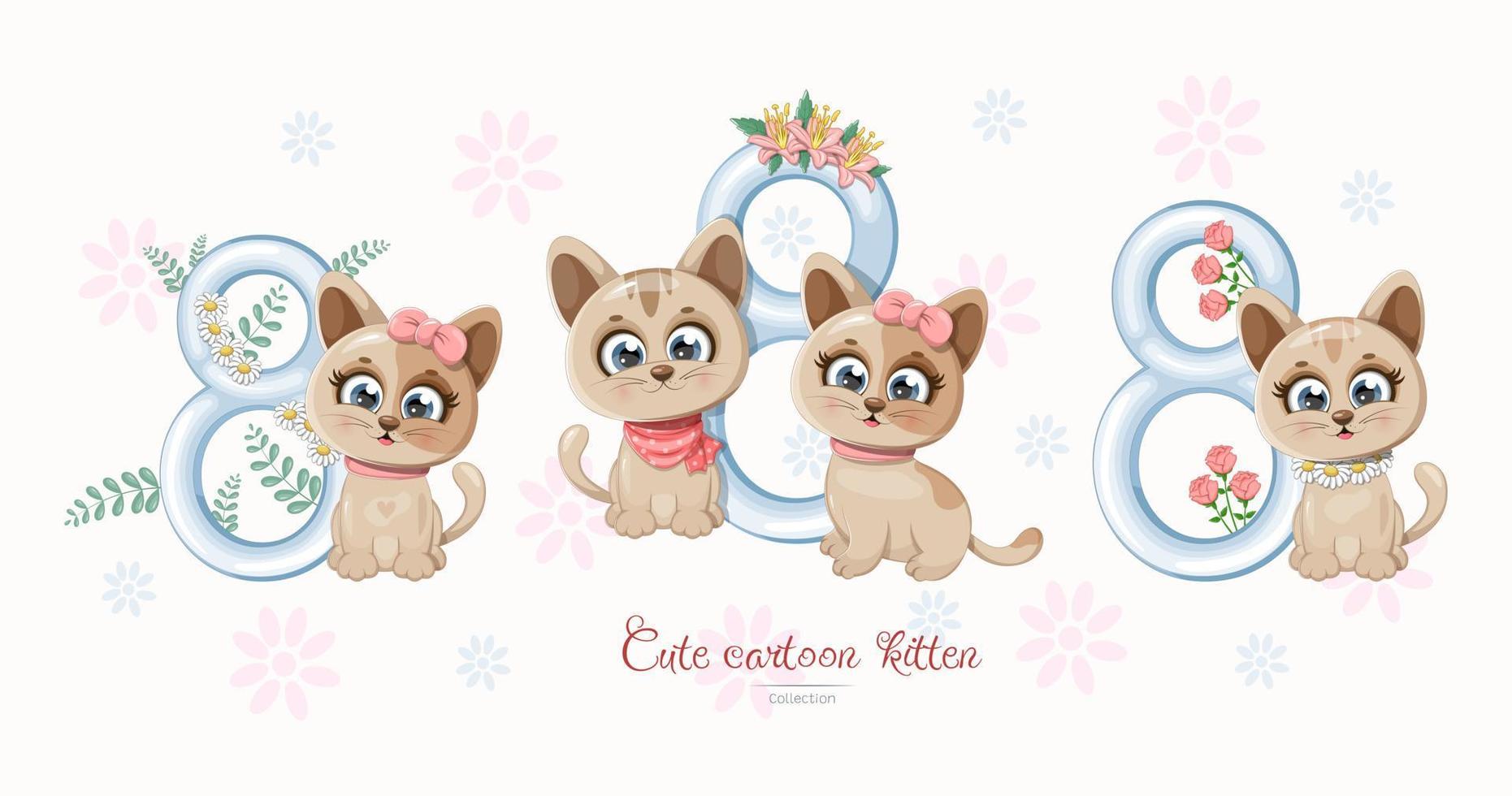 Cute kitten collection with number 8 vector