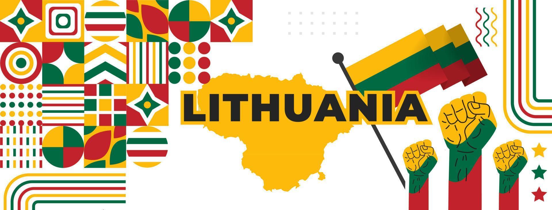 Lithuania national day banner with map, flag colors theme background and geometric abstract retro modern red, green and yellow color design template. Lithuania independence day background. vector