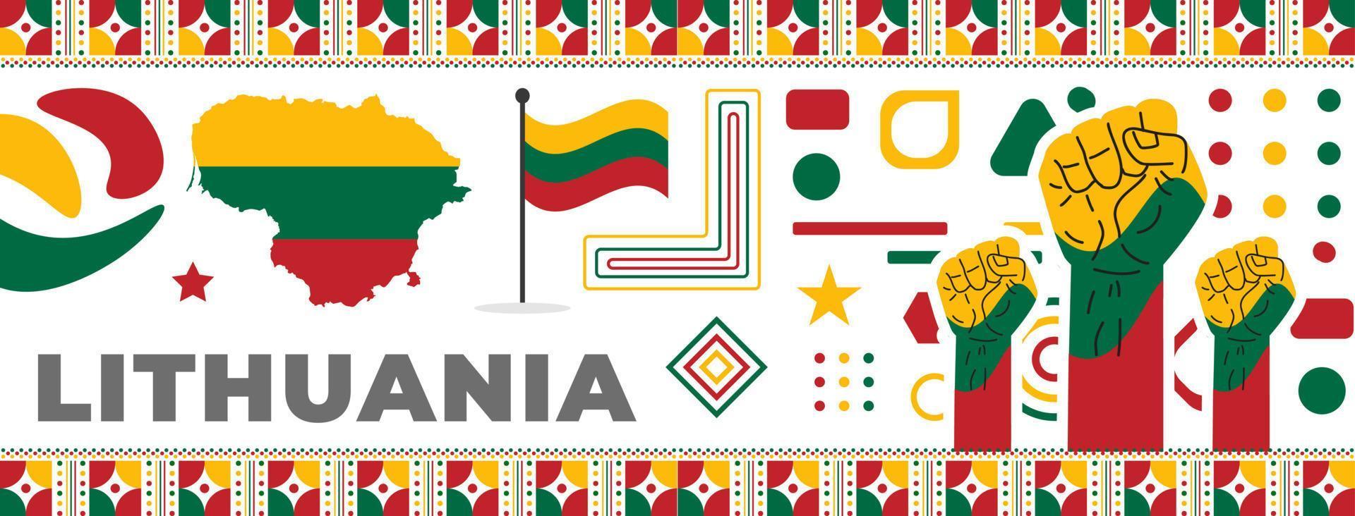 banner del día nacional de lituania con mapa, fondo de tema de colores de bandera y plantilla de diseño de color rojo, verde y amarillo moderno retro abstracto geométrico. antecedentes del día de la independencia de lituania. vector