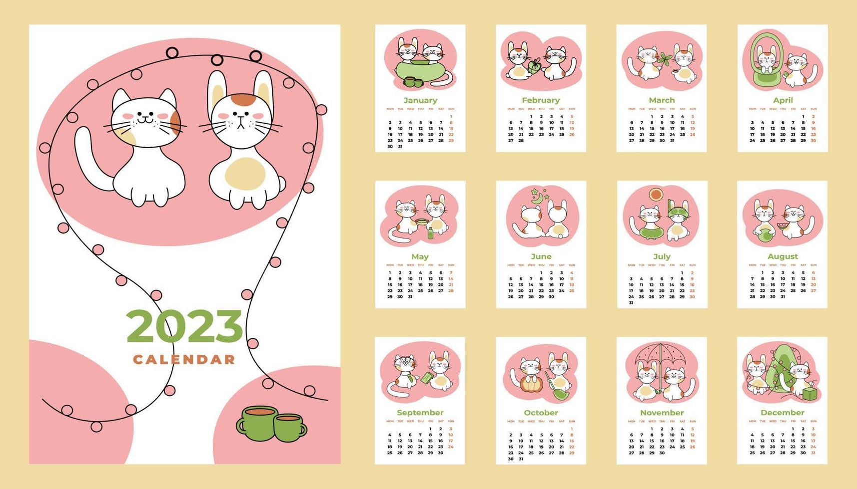 Calendar 2023. Calendar sheets with all months including cover in English. Cartoon vector illustration.