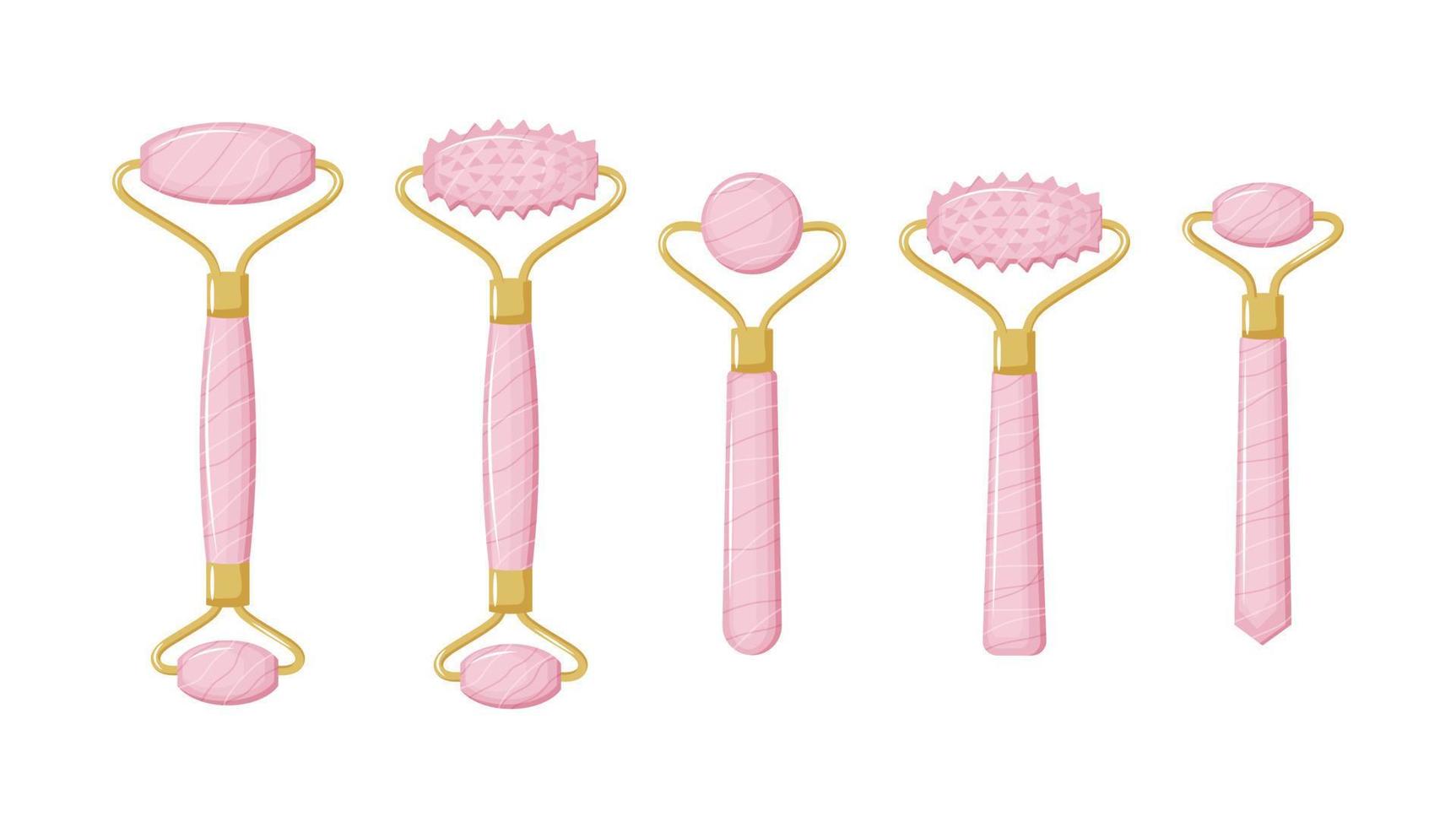 Collection of Rose quartz rollers for facial massage. Rose quartz facial roller. Chinese gua sha massage. Skin care and morning routine. Vector illustration in a flat style.