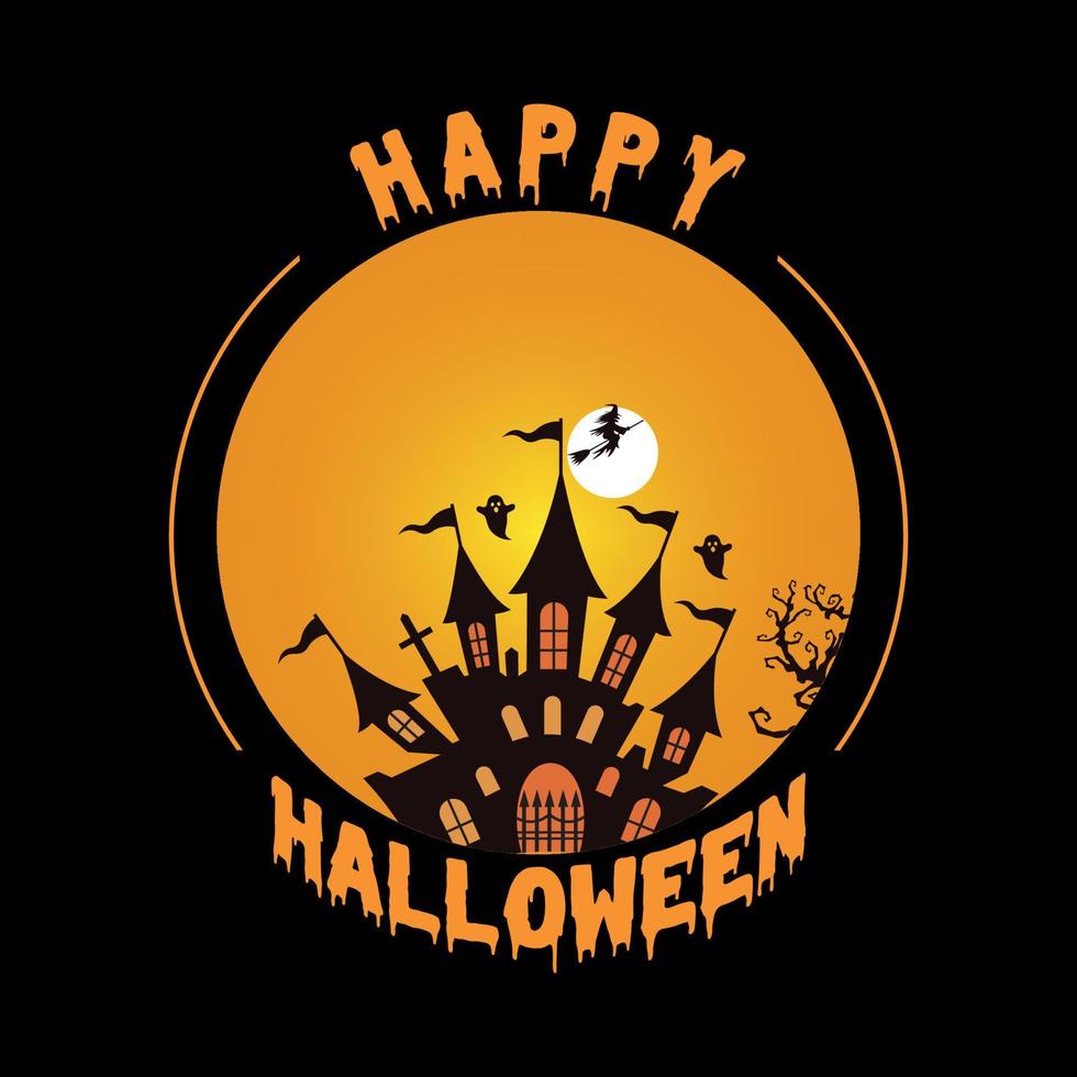 Happy Halloween Party T-shirt with Ghost House. Free vector happy Halloween celebration with night and scary castle.