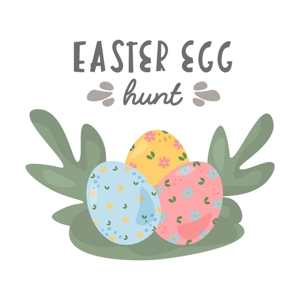 Easter card, cute cartoon characters chicken with eggs. Vector graphic. Happy Easter day cards. Eggs hunt. For Easter decoration, printing, web page. Cute amazing spring design.