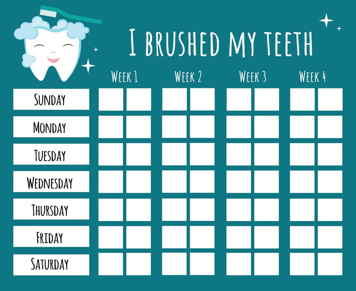 tabla de cepillado de dientes. Letras vectoriales dibujadas a mano con divertidos dientes de dibujos animados. concepto de salud y protección de los dientes. calendario de higiene dental para niños. diseño de folleto de clínica de bebé dentista. vector