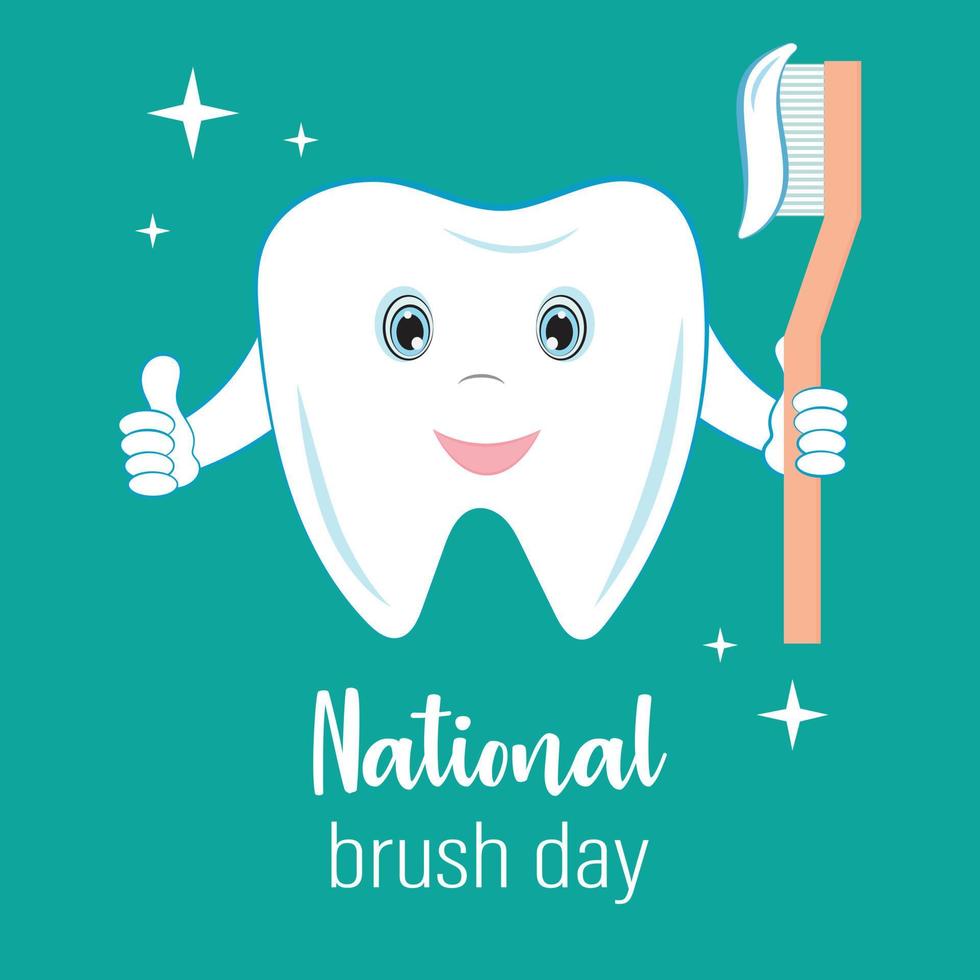 National Brush Day illustration, November 1. Happy smiling tooth with toothbrush. Picture for dentistry, pediatric dentistry. Healthy teeth, how to take care of your teeth. vector