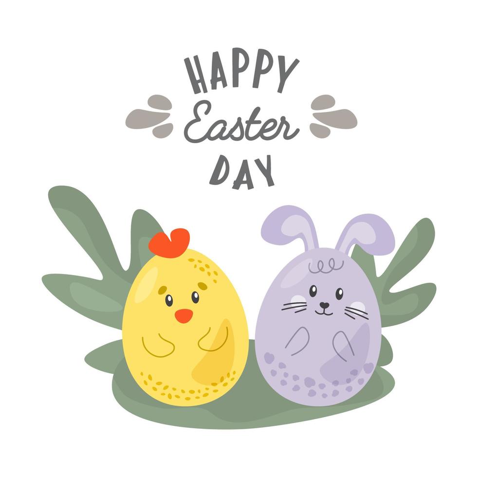 tarjeta de pascua, lindos personajes de dibujos animados huevos pollo y conejito. gráfico vectorial. tarjetas de feliz día de pascua. para decoración de pascua, impresión, página web. lindo diseño increíble. vector