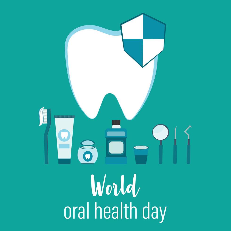 World oral health day on March 20th. How to tace care of teeth. Medical, dental and healthcare creative concept. Dental greeting card design. Tooth and accessories for dental care, oral health. vector
