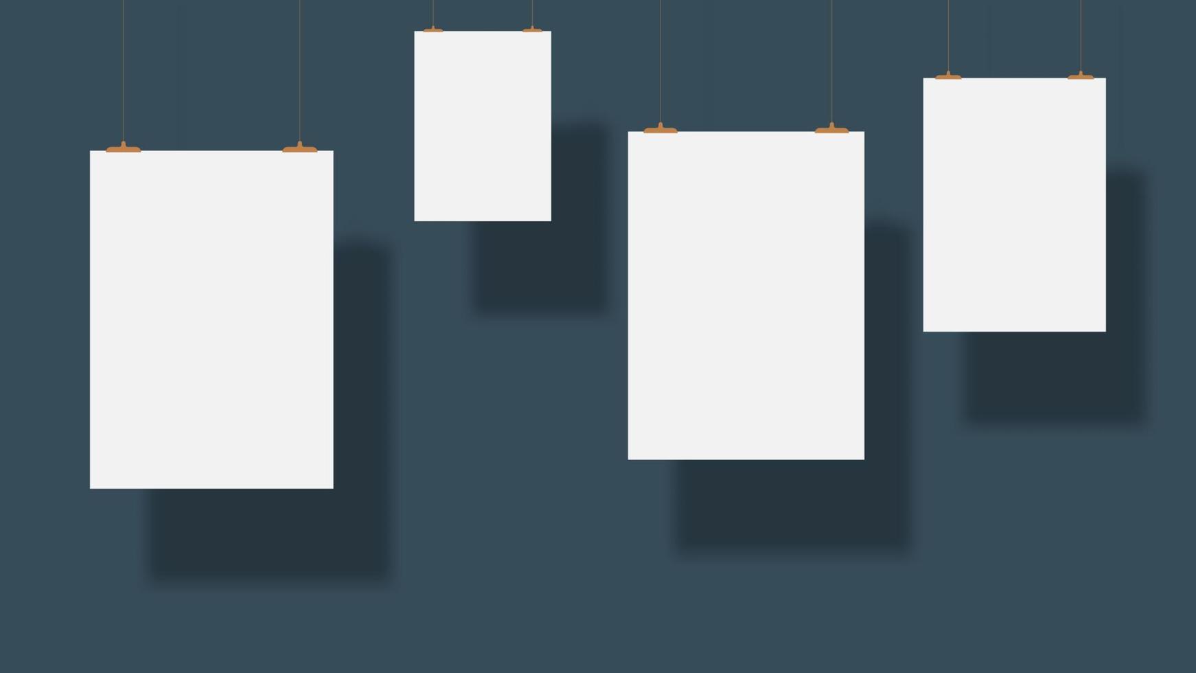 Blank white poster hanging on a clips. A4 white paper for advertising or promotion. Vector illustration. EPS 10.