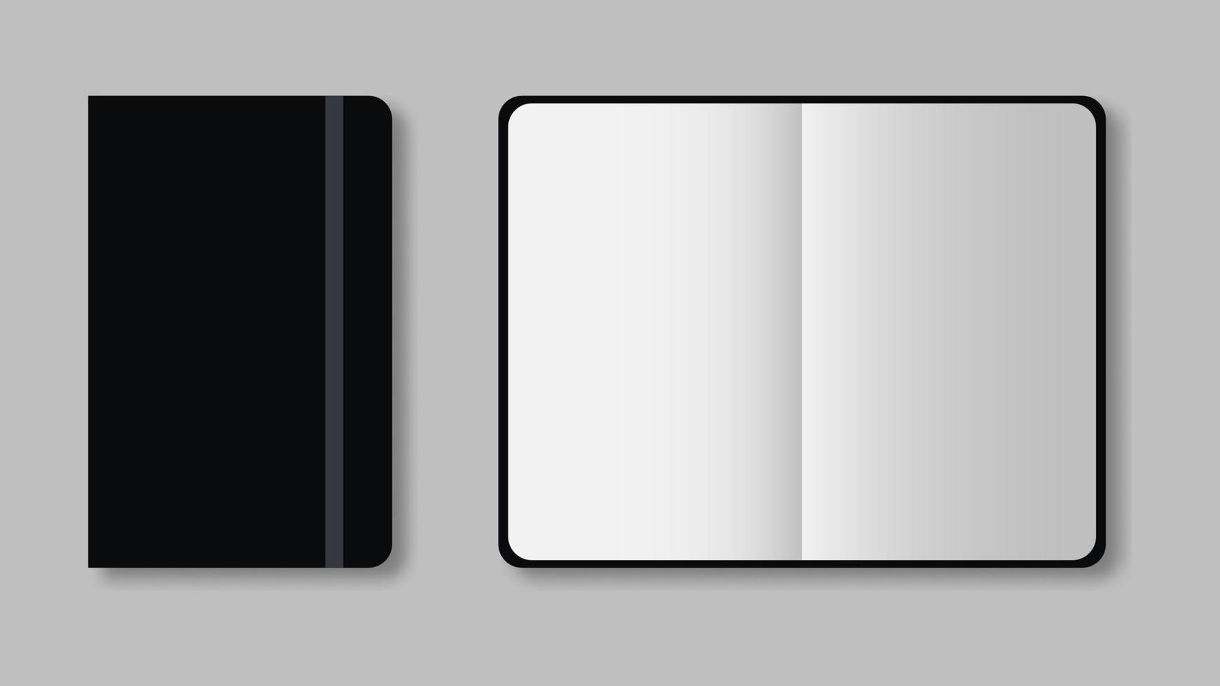Black realistic notebook mockup. Close and open book on grey background. Vector illustration. EPS 10.