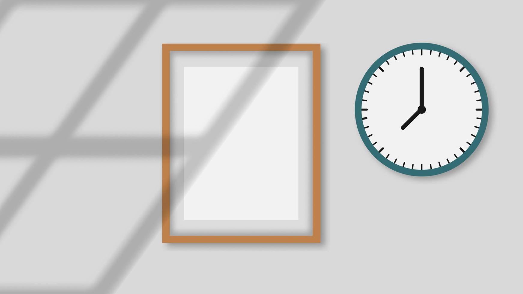Photo frame mockup on the wall with wall clock mockup and shadow overlay. Template for painting, poster, picture, lettering or photo gallery. Vector illustration. EPS 10