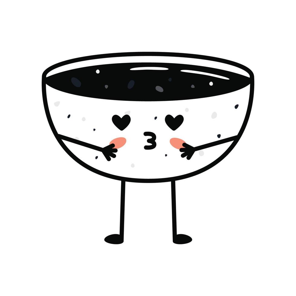 Kawaii sushi mascot in cartoon style. Cute soy sauce bowl for menu vector