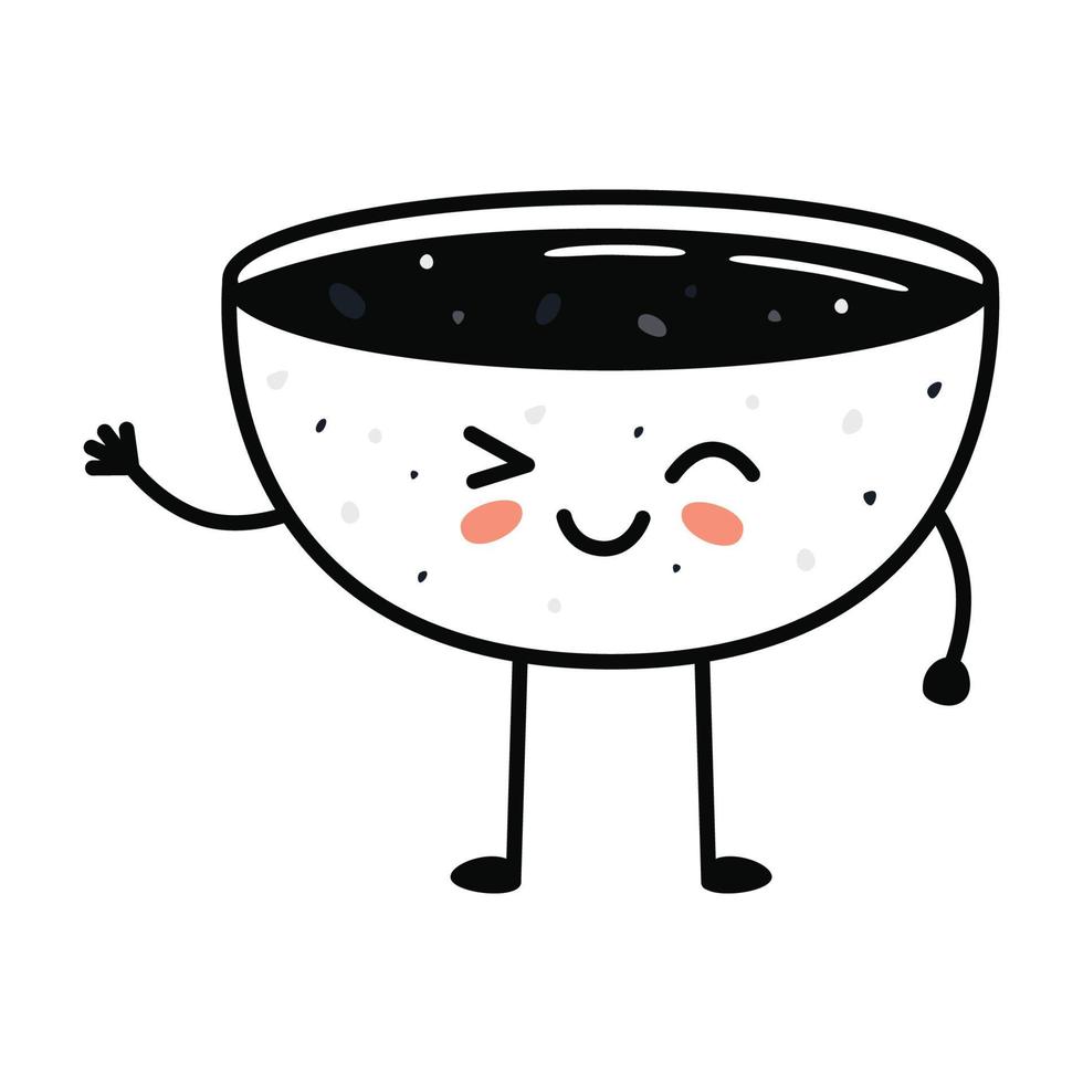Kawaii sushi mascot in cartoon style. Cute soy sauce bowl for menu vector
