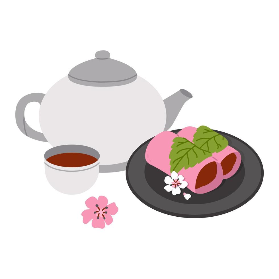 doodle comida asiática sakura mochi y té vector