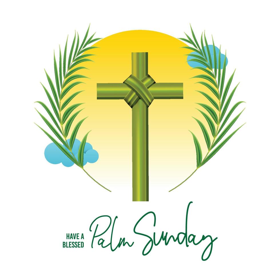 Vector illustration of Palm Sunday religious holiday with palm branches and leaves and cross illustration.