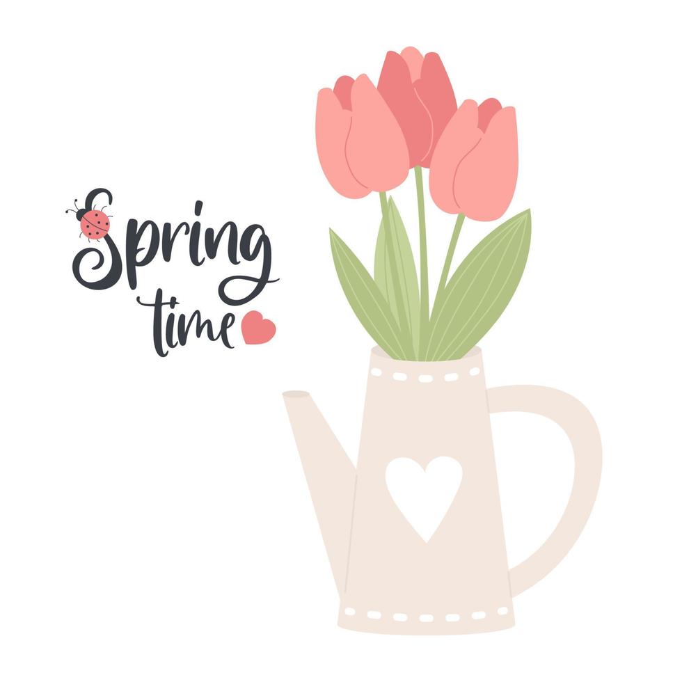 Flowers tulips in garden watering can. Spring time card with spring bouquet. Vector illustration in flat style.