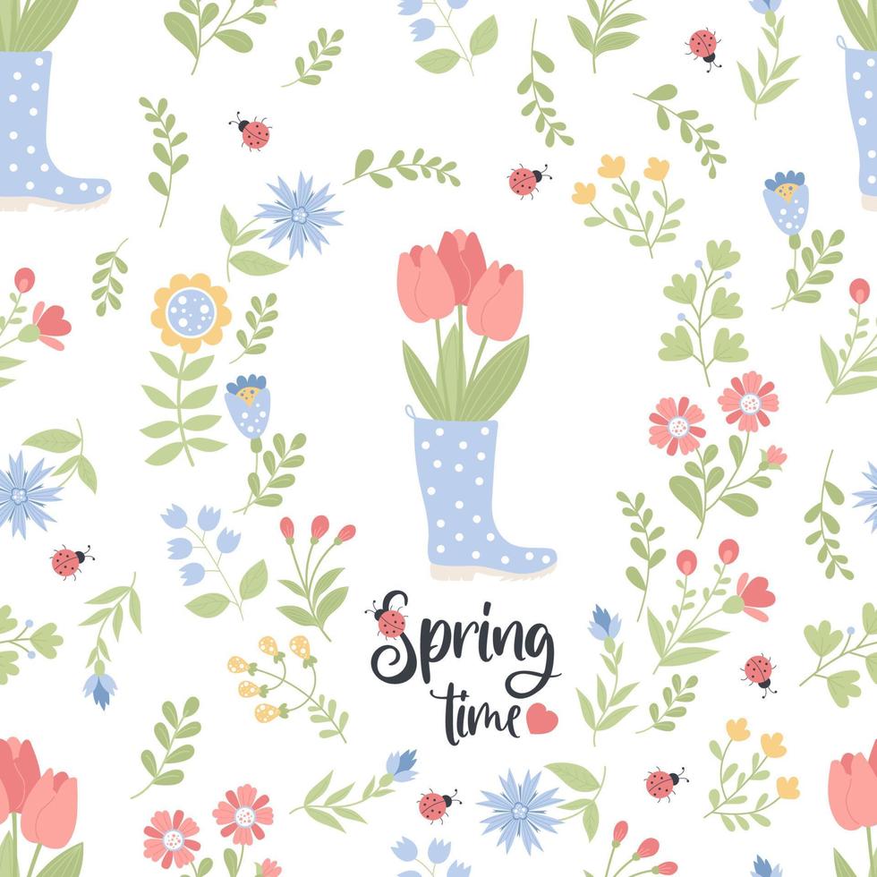 Spring time. Floral seamless pattern. Bouquet of tulips in rubber boot on white background with flowers and ladybugs. Vector illustration in flat style.