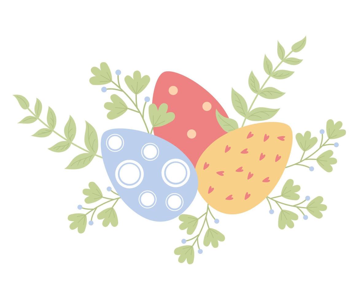 Decorative Easter eggs with branches and leaves. Vector illustration. Festive card in flat style.