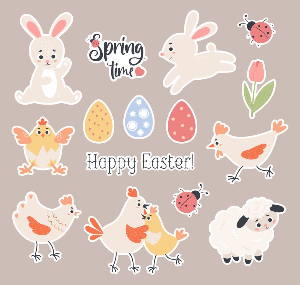 Easter stickers. Collection cute paschal animals, bunny, chick, poultry, sheep, eggs and spring tulip. Vector illustration. Isolated elements in flat cartoon style for design, kids collection, print.