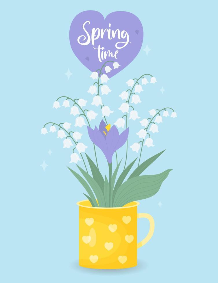 ramo de flores primaverales de lirios del valle y azafrán morado en copa. cartel de primavera. ilustración vectorial para diseño, postales, decoración y decoración, impresión. vector