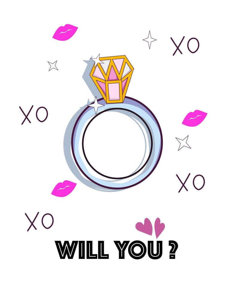 Will you.Diamond wedding ring, jewelry related badge, flat design. On the background small lips and cross and zero ,vector flat cartoon style illustration, isolated on white background vector