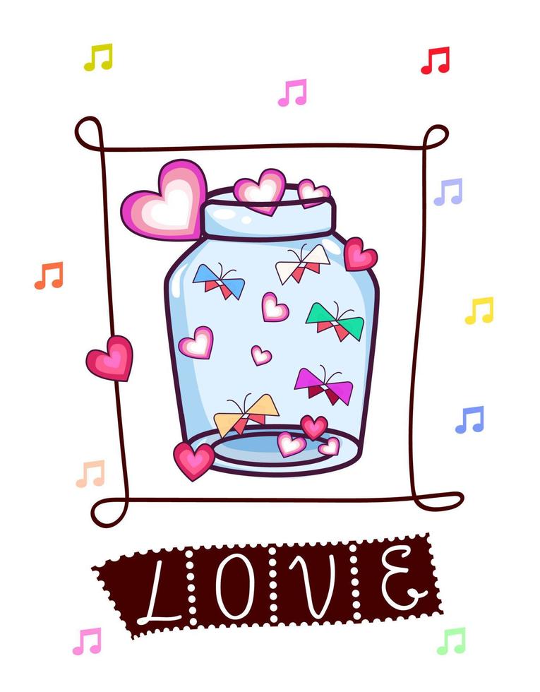 Love.Vector illustration .Valentines day greeting card templates with jar and hearts cute Chamomiles,different color butterfly ,on background white color. vector