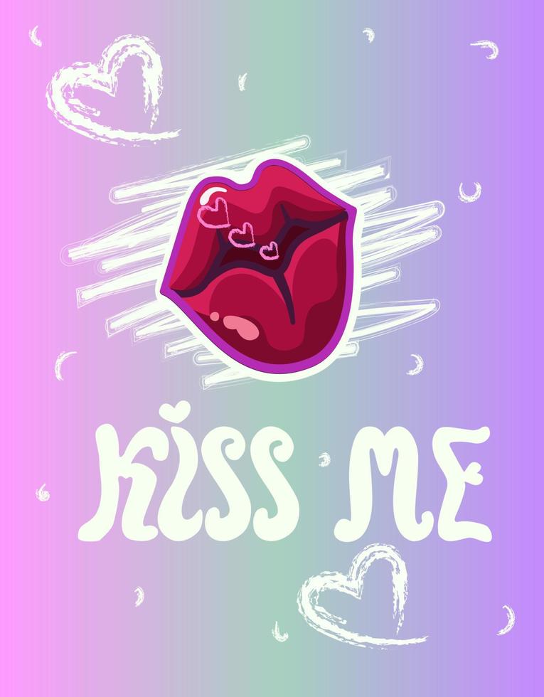 Kiss me. Vector illustration. Hand drawn lettering phrase and female pink kiss. isolated on gradient purple background. Design element for poster, greeting card.