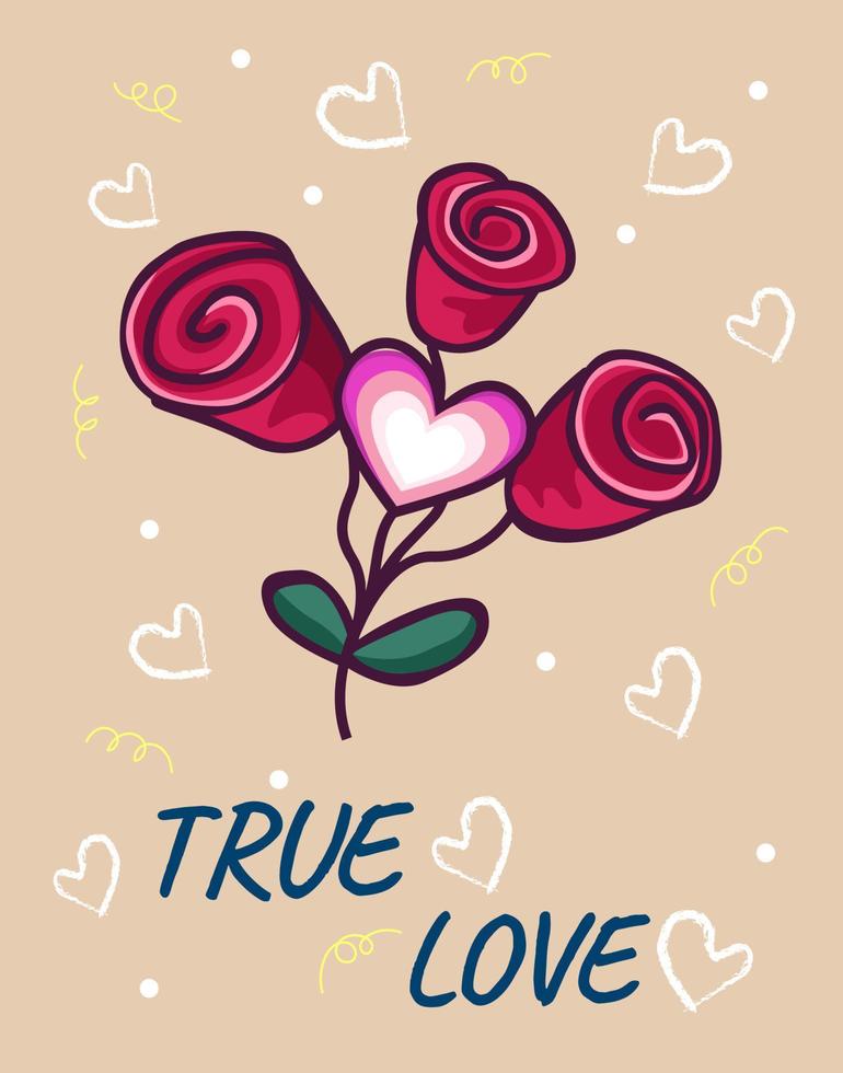 True love.Vector illustration .Valentines day greeting card templates with beautiful roses and heart ,yellow sparkles and text blue color on background nude color. vector