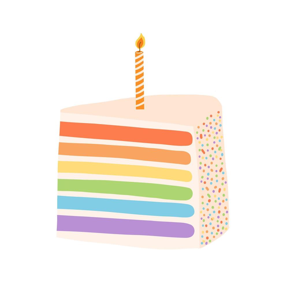 pastel de cumpleaños de arco iris dibujado a mano con vela en estilo plano de dibujos animados. ilustración vectorial de postre dulce, elemento de diseño para tarjeta, invitación, pegatina vector