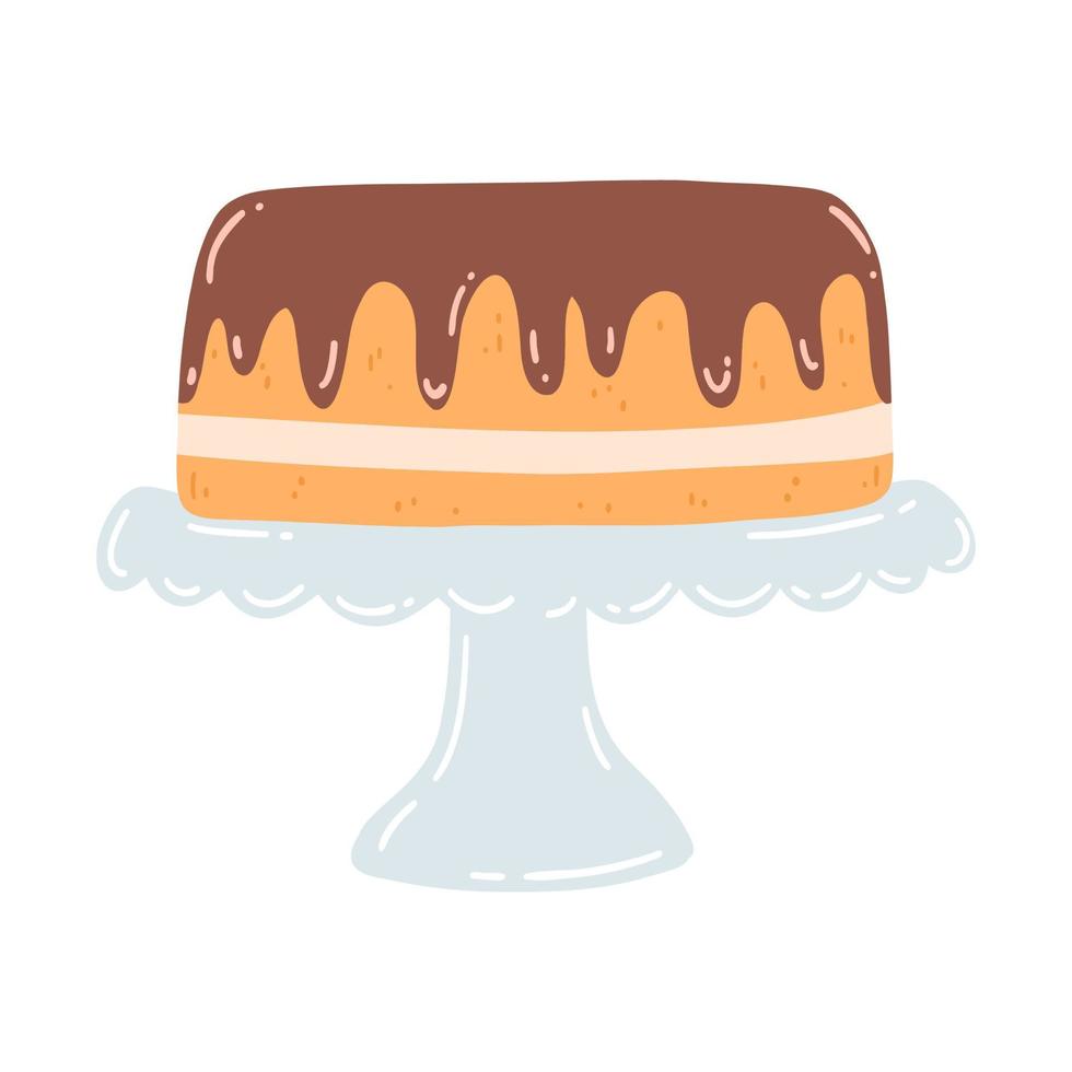 pastel en un puesto de estilo plano. ilustración vectorial dibujada a mano de pastel de chocolate con crema, postre dulce, comida de pastelería vector