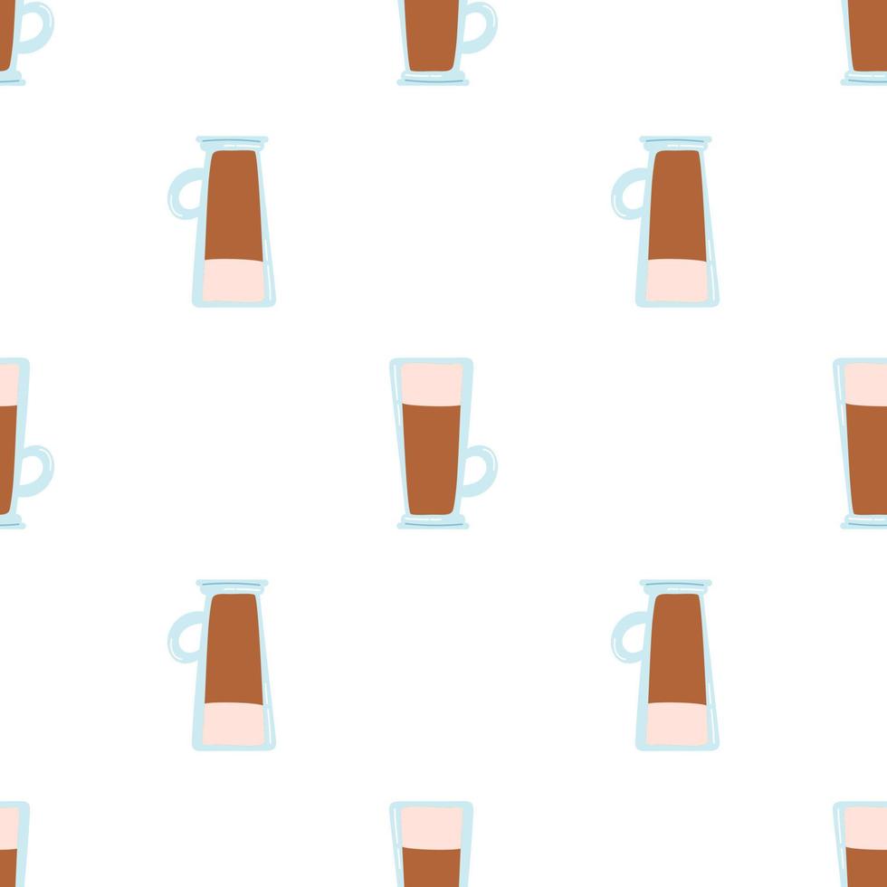 Seamless pattern with latte coffee in glass. Flat vector background of hot drink icon, cappuccino, chocolate