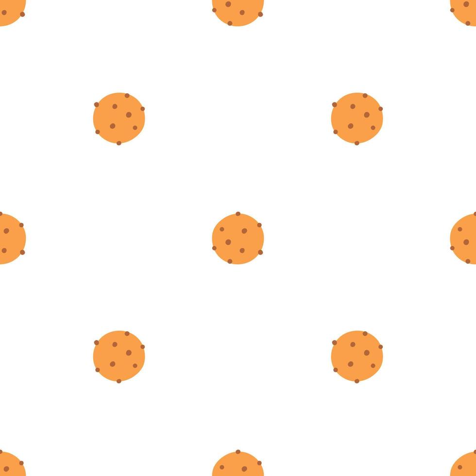 Seamless pattern of cookie with chocolate crisps in flat style. Hand drawn vector background of biscuit with chocolate or raisins, baking, confectionery
