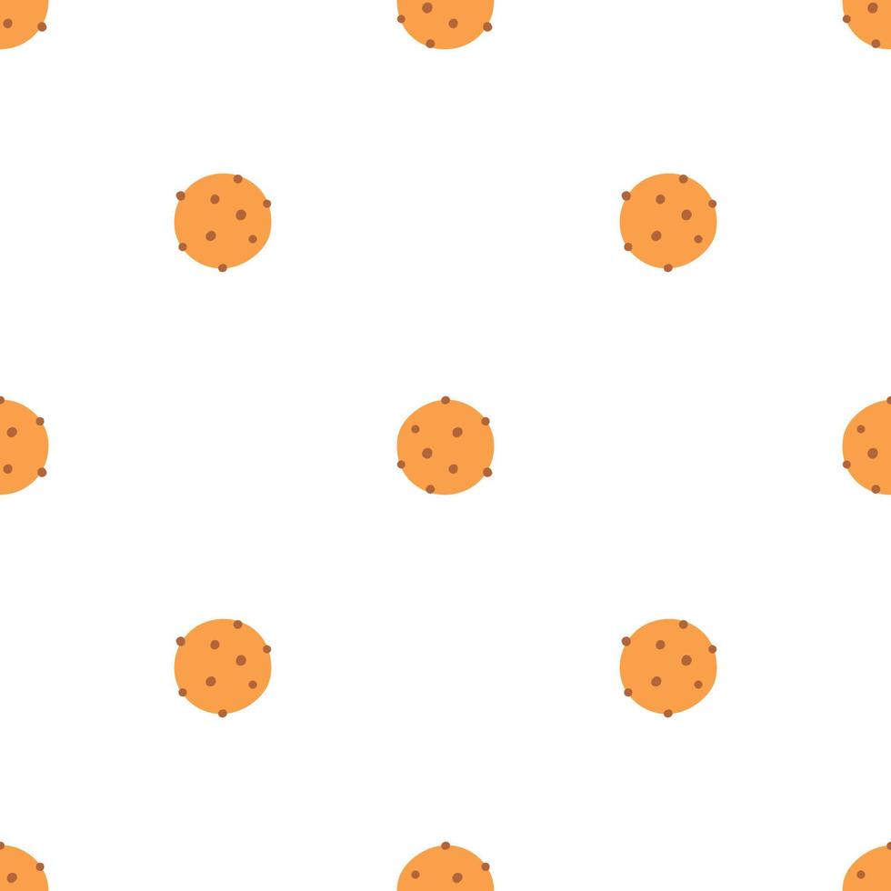 Seamless pattern of cookie with chocolate crisps in flat style. Hand drawn vector background of biscuit with chocolate or raisins, baking, confectionery