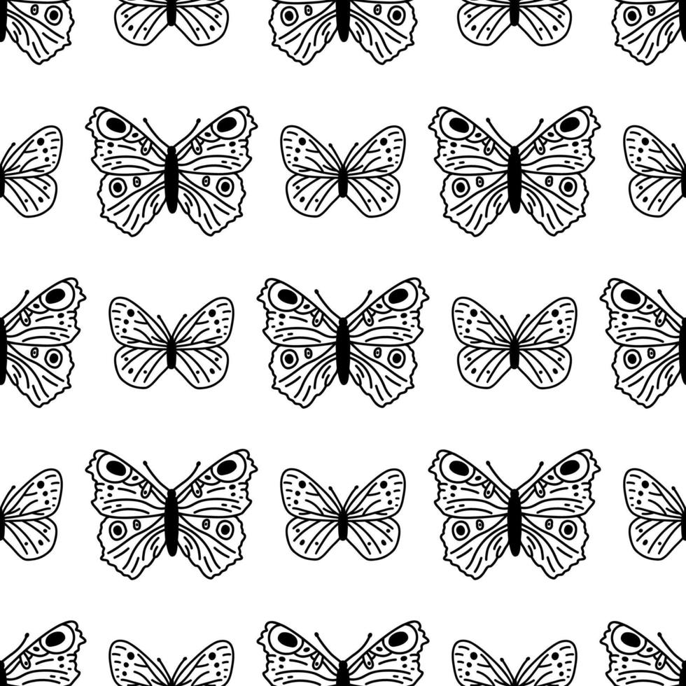 Seamless pattern with doodle butterflies. Hand drawn vector background with insects, line illustration, entomological collection