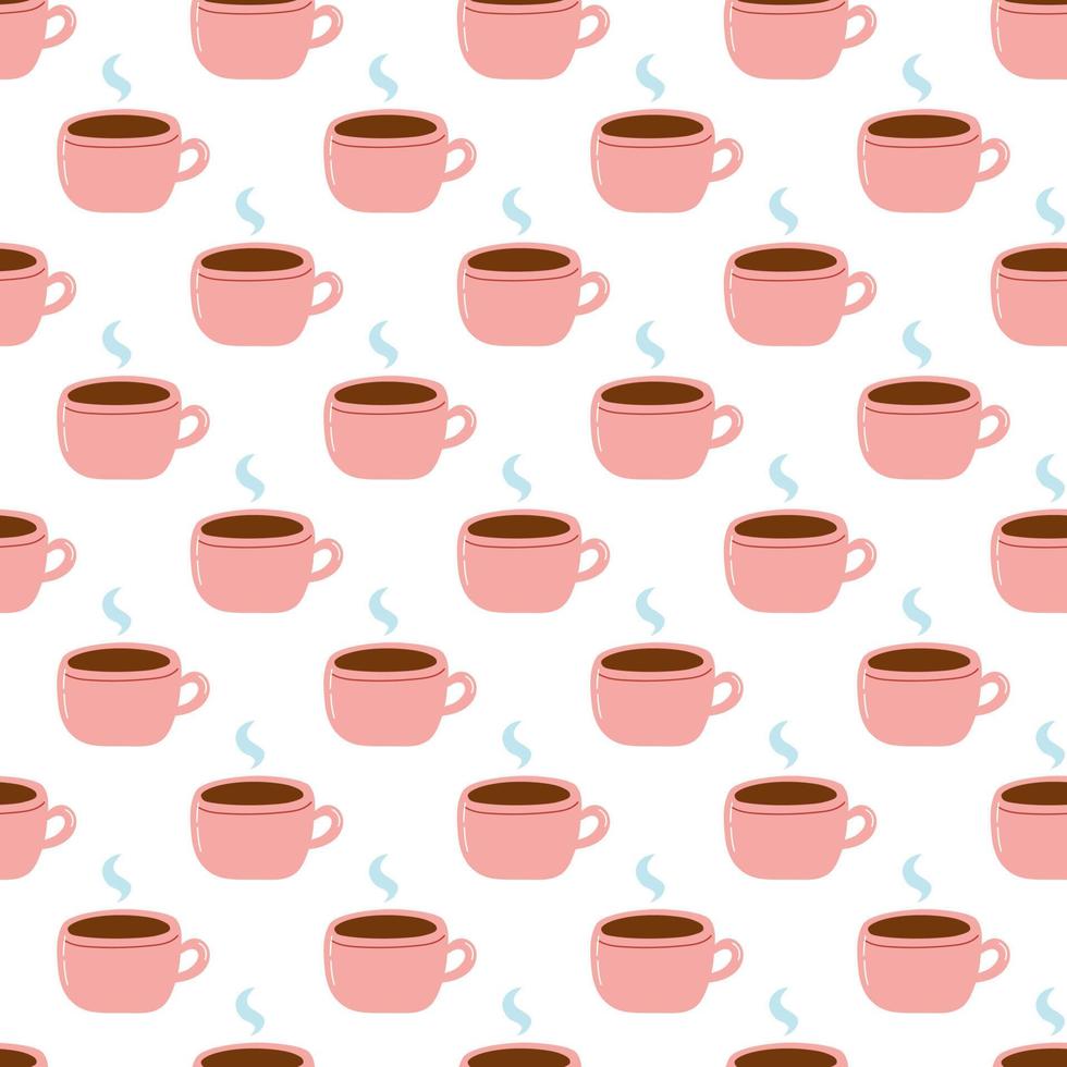 Seamless pattern with coffee mug. Flat vector background of cup with coffee or tea with steam, cartoon design element
