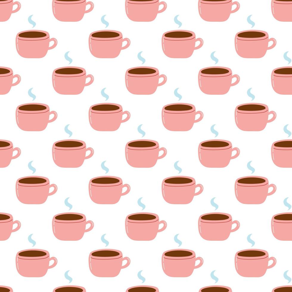 Seamless pattern with coffee mug. Flat vector background of cup with coffee or tea with steam, cartoon design element