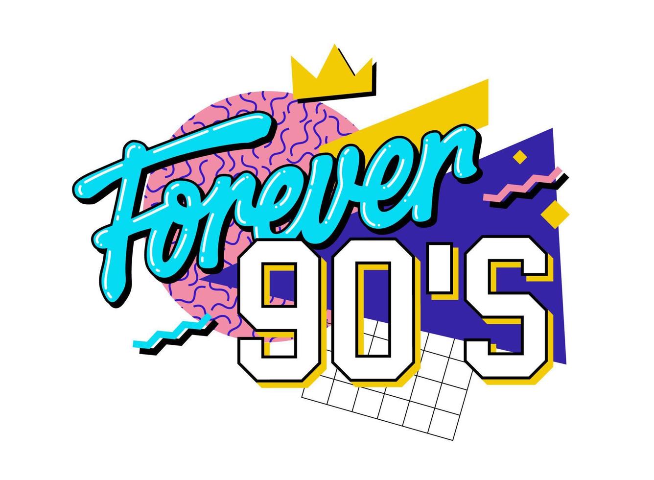 The bright style of the 90s in vivid and playful lettering illustration phrase - Forever 90s. Isolated vector typography design element. Geometric, colorful background. Fashion, print, web purposes