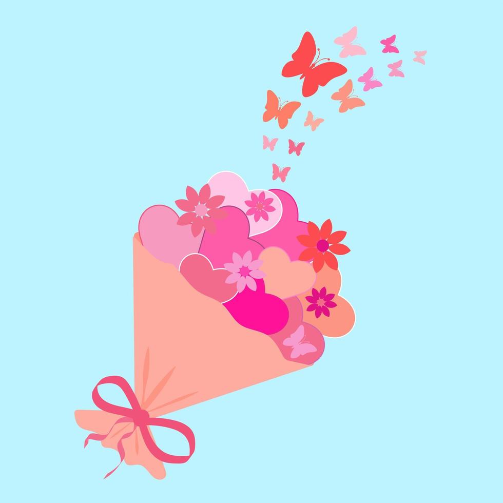 Bouquet of hearts. Bouquet with flowers and hearts in pink tones. St. Valentine's Day. Card. Vector design.