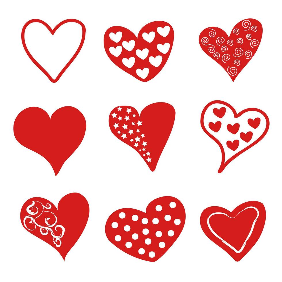 Hearts different in size, volume, with decorative elements. Vector design for greeting cards, patterns.