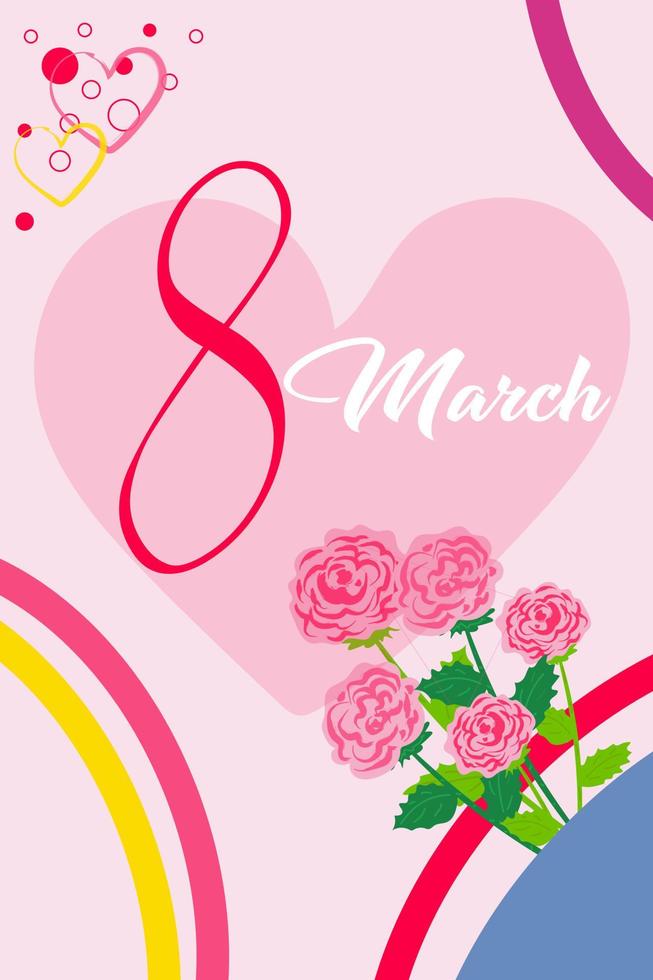 Tarjeta de felicitación del 8 de marzo en suaves colores rosas, diseño plano dibujado a mano con elementos abstractos y flores. día Internacional de la Mujer. vector