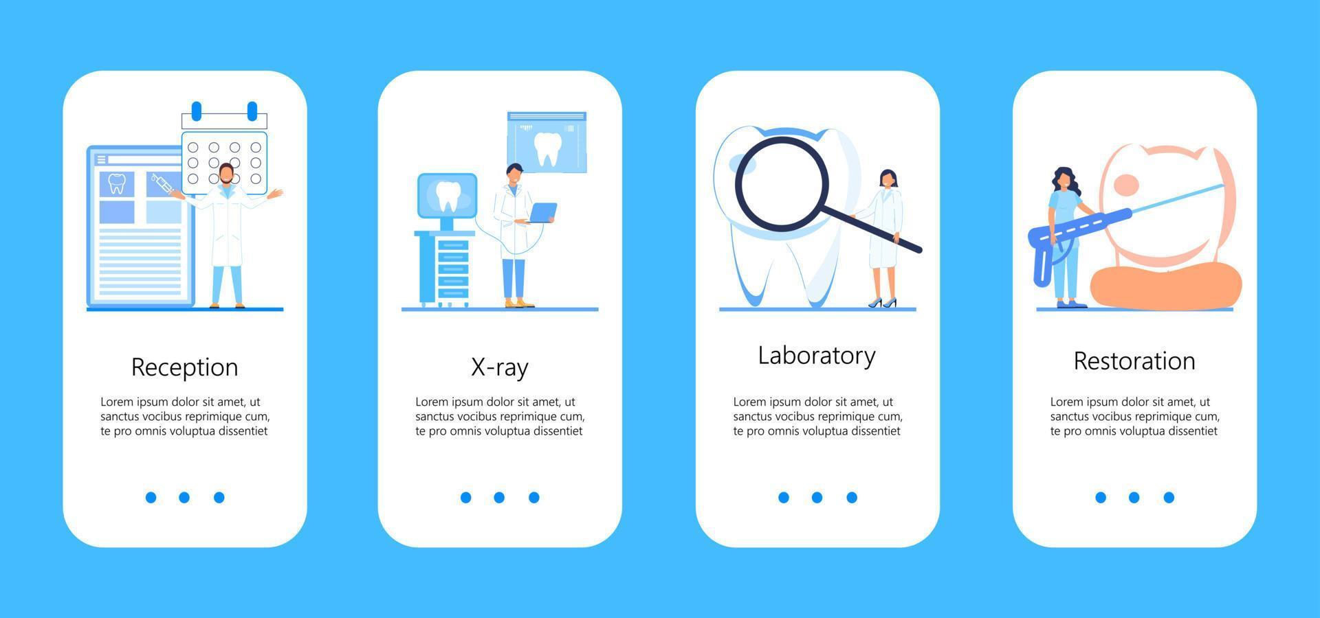 Dental services vector concept for app, social stories. Tiny dentists make x-ray scan of teeth. Whiten enamel or recovery implant concept.