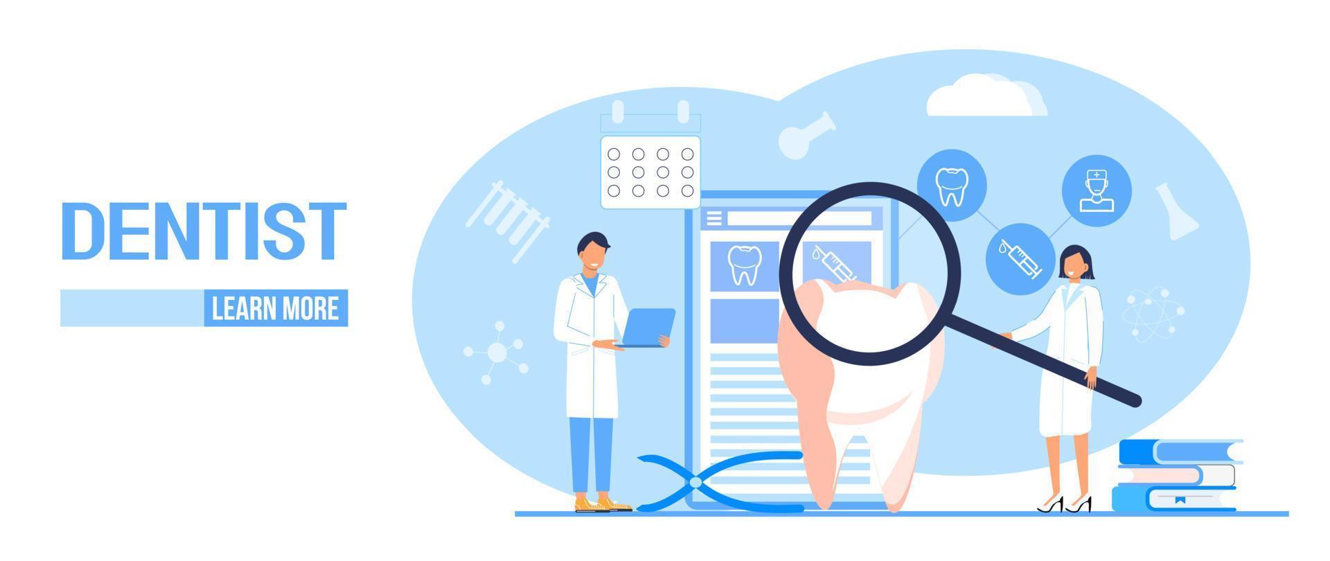 concepto de vector de servicios dentales para la página de destino. los dentistas hacen una radiografía de los dientes para aliviar el dolor de muelas, blanquear el esmalte o recuperar el implante.