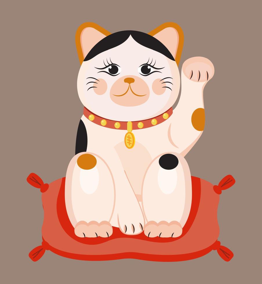 Maneki neko vector isolated on brown background. Lucky cat in japanese traditional culture. Talisman or mascot symbol in flat style.