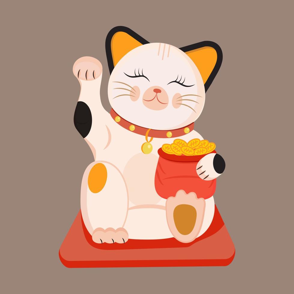 Maneki neko vector isolated on brown background. Lucky cat in japanese traditional culture. Talisman or mascot symbol in flat style.
