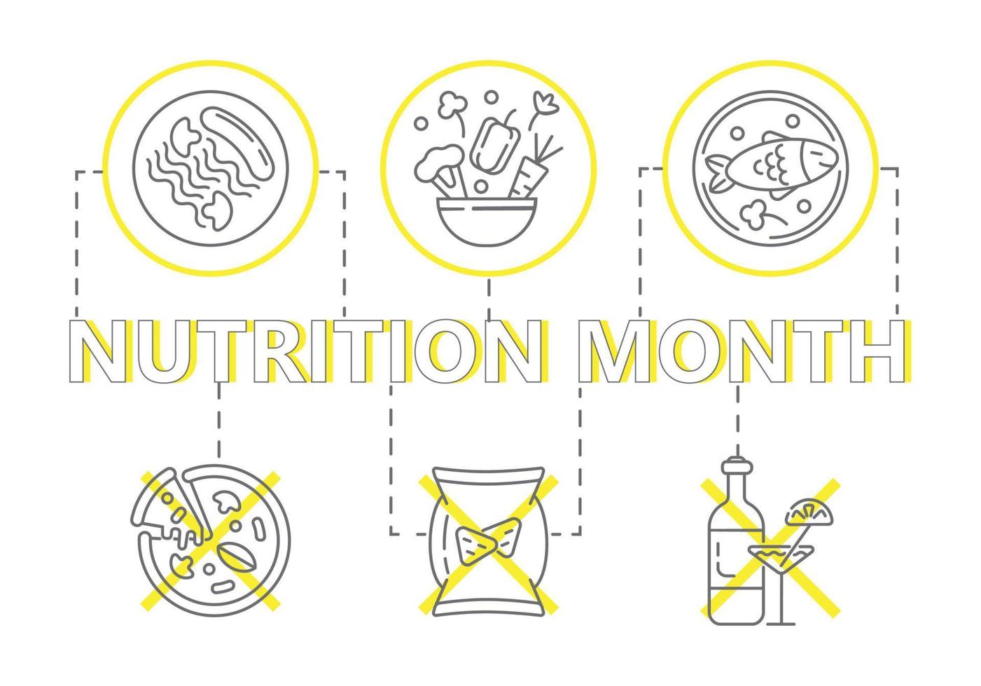 National Nutrition Month concept vector. Event is celebrated every March. Healthy and unhealthy food are shown. Sausage with pasta and mushrooms on a plate. Cauliflower, peppers, carrots vector